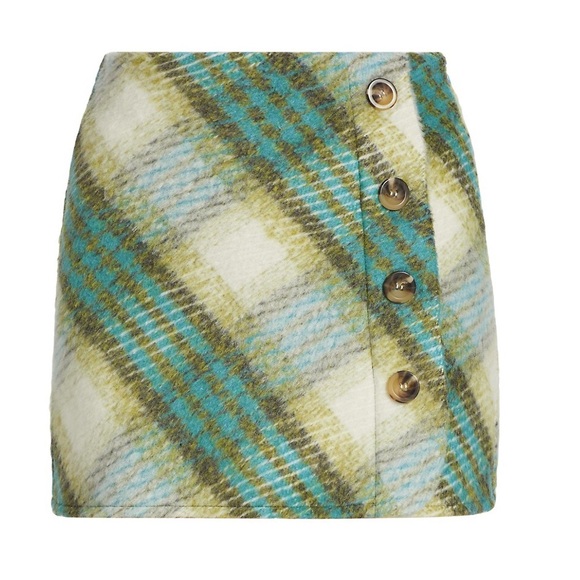 Y2K En Saison Size Blue Green and White Plaid Illusion Wrap Mini Skirt - Picture 3 of 10